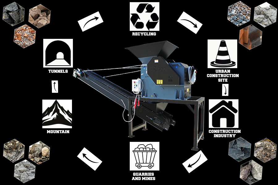 With the CR crusher from CM srl, you can crush building materials, natural rocks, bricks, marble, slate, and gravel.